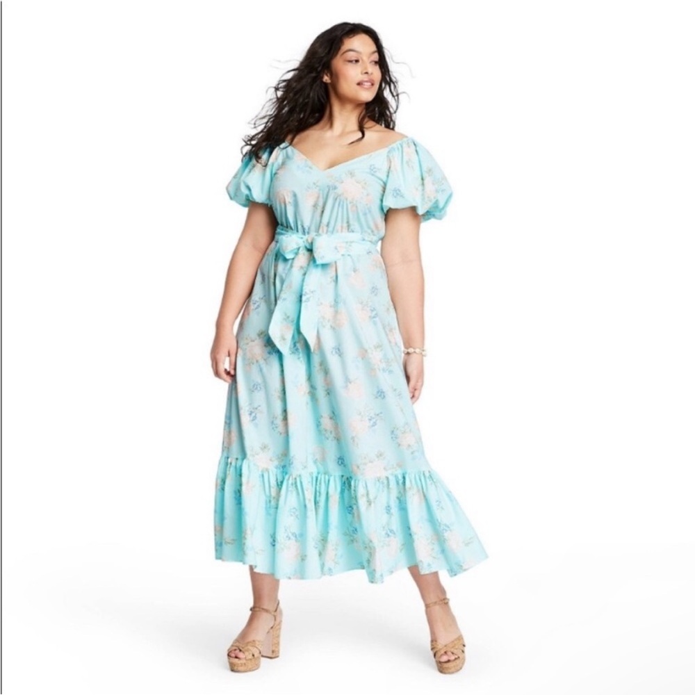 LoveShackFancy Pale Blue Floral Maxi Dress with Puff Sleeves